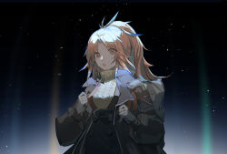 Rule 34 | 1girl, :o, arknights, backpack, bag, black eyes, black jacket, black skirt, buttons, cable knit, cowboy shot, double-breasted, feather hair, forehead, high-waist skirt, highres, irple, jacket, long sleeves, looking at viewer, night, night sky, open clothes, open jacket, open mouth, orange hair, orange pupils, outdoors, parted bangs, pinecone (arknights), ponytail, sidelocks, skirt, sky, solo, spotlight, star (sky), starry sky, suspender skirt, suspenders, sweater, turtleneck, turtleneck sweater, yellow sweater