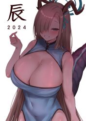 Rule 34 | 1girl, 2024, alternate costume, asuna (blue archive), bare shoulders, blue archive, blue dress, blue eyes, blue ribbon, blush, breasts, china dress, chinese clothes, cleavage, cleavage cutout, clothing cutout, commentary request, covered navel, dragon horns, dragon tail, dress, grin, hair over one eye, hair ribbon, halo, highres, horns, huge breasts, john zhang, light brown hair, long hair, looking at viewer, ribbon, smile, solo, tail, very long hair