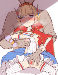 Rule 34 | 1boy, 1girl, :&lt;, absurdres, azur lane, blonde hair, blue eyes, grabbing another&#039;s breast, breasts, cape, censored, commander (azur lane), commentary request, epaulettes, from behind, gauntlets, grabbing, hair ornament, heart, heart censor, heavy breathing, highres, le triomphant (azur lane), makano mucchi, pussy, shade, simple background, small breasts, spread pussy, sweat, thighhighs
