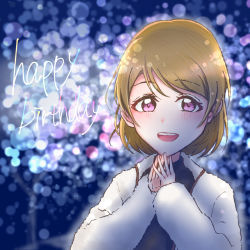 Rule 34 | 1girl, artist name, artist request, black shirt, blush, brown hair, collared jacket, female focus, hair between eyes, highres, jacket, koizumi hanayo, looking at viewer, love live!, love live! school idol project, miwo classic, own hands together, parted lips, purple eyes, shirt, short hair, smile, solo, teeth, white jacket