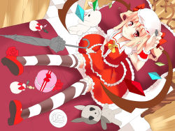 Rule 34 | 1girl, absurdres, bad id, bad pixiv id, bed, blonde hair, blush, bow, crystal, female focus, flandre scarlet, flower, frills, hat, hat bow, highres, kurume shou, pillow, red eyes, rose, sitting, smile, solo, stuffed animal, stuffed toy, thighhighs, touhou, umbrella, wings, wrist cuffs