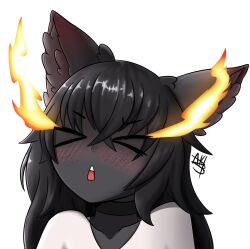 Rule 34 | &gt; &lt;, 1girl, akibesuto, animal ears, awooo (pose), black skin, blush, closed eyes, colored skin, dog ears, dog girl, flaming eye, flaming eyes, grey skin, hellhound (monster girl encyclopedia), highres, monster girl, monster girl encyclopedia, monster girl encyclopedia ii, shirt, signature, simple background, solo, triangle mouth, white background, white shirt