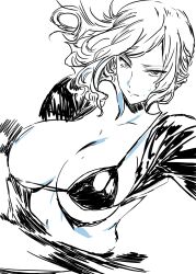 Rule 34 | 1girl, absurdres, alternate hairstyle, bikini, bodysuit, breasts, cleavage, highres, large breasts, looking at viewer, monochrome, nancy lee, ninja slayer, open bodysuit, open clothes, seductive smile, smile, solo, swimsuit