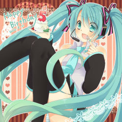Rule 34 | 00s, 1girl, aqua eyes, aqua hair, blue striped panties, cake, character name, detached sleeves, food, fork, happy birthday, hatsune miku, headset, inaba rai, long hair, matching hair/eyes, necktie, open mouth, panties, pantyshot, skirt, solo, spring onion, striped clothes, striped panties, thighhighs, twintails, underwear, upskirt, very long hair, vocaloid