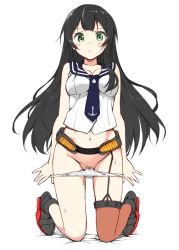 Rule 34 | 10s, 1girl, :&lt;, agano (kancolle), black hair, blush, breasts, cleavage, female pubic hair, green eyes, groin, kantai collection, kneeling, long hair, looking at viewer, navel, panties, panty pull, pubic hair, pulled by self, simple background, solo, solo focus, sweat, takayaki, thighs, underwear, very long hair, white background