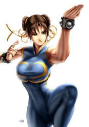 Rule 34 | 1girl, abs, arm up, bracelet, brown eyes, brown hair, capcom, chun-li, crop top, double bun, double vertical stripe, fighting stance, foreshortening, hair between eyes, hair bun, hair ribbon, jewelry, leg lift, lips, looking away, muscular, narrow waist, official art, omar dogan, ribbon, shirt, simple background, skin tight, sleeveless, solo, spread legs, standing, standing on one leg, street fighter, striped, taut clothes, taut shirt, thick thighs, thighs, turtleneck, udon entertainment, unitard, white background, wide hips