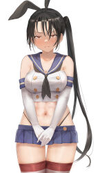 1girl black_hair black_hairband black_neckerchief black_panties blue_sailor_collar blue_skirt blush breasts brown_eyes cosplay cowboy_shot crop_top elbow_gloves gloves hairband highleg highleg_panties kantai_collection large_breasts long_hair microskirt nachi_(kancolle) navel neckerchief panties pleated_skirt sailor_collar shimakaze_(kancolle) shimakaze_(kancolle)_(cosplay) side_ponytail simple_background skirt solo standing striped_clothes striped_thighhighs thighhighs thong toka_(marchlizard) underwear very_long_hair white_background white_gloves