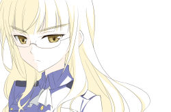 Rule 34 | 1girl, agahari, ascot, blonde hair, eyebrows, frown, glasses, highres, long hair, military, military uniform, perrine h. clostermann, portrait, rimless eyewear, simple background, solo, strike witches, uniform, world witches series, yellow eyes
