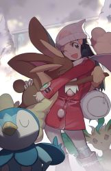 Rule 34 | 1girl, :d, animal nose, bag, beanie, black hair, boots, closed eyes, coat, commentary, creatures (company), dawn (pokemon), duffel bag, e volution, eyelashes, game freak, gen 4 pokemon, grey eyes, hair ornament, hairclip, hat, hug, leafeon, long hair, long sleeves, looking at viewer, lopunny, nail polish, nintendo, open mouth, over-kneehighs, pink nails, piplup, pokemon, pokemon (creature), pokemon dppt, pokemon platinum, red coat, scarf, signature, smile, thighhighs, white headwear, white scarf, white thighhighs