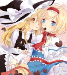 Rule 34 | 2girls, :p, alice margatroid, apron, arm grab, blonde hair, blue dress, blue eyes, blurry, blush, candy, capelet, chocolate, chocolate heart, depth of field, dress, food, hairband, hand on another&#039;s shoulder, hat, hat ribbon, heart, kirisame marisa, long sleeves, mouth hold, multiple girls, necktie, ribbon, short hair, tongue, tongue out, touhou, tsuno no hito, waist apron, witch hat, yellow eyes, yuri