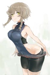 Rule 34 | 1girl, :3, adapted costume, amane suzuha, bare shoulders, bike shorts, blush, braid, breasts, brown hair, commentary request, cowboy shot, highres, large breasts, leaning forward, meme attire, short hair, sketch, smile, solo, steins;gate, taishi (picchiridou), turtleneck, twin braids, virgin killer sweater, yellow eyes, zipper