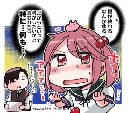 Rule 34 | 1boy, 1girl, admiral (kancolle), animal, animal on head, badge, blue sailor collar, commentary request, hair bobbles, hair ornament, izumiyamisono, jewelry, kantai collection, on head, pink eyes, pink hair, rabbit, rabbit on head, ring, sailor collar, sazanami (kancolle), school uniform, serafuku, short hair, solo focus, translation request, twintails, upper body, wedding ring
