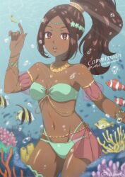 Rule 34 | 1girl, bare shoulders, bikini, breasts, brown hair, bubble, circlet, commission, coral, coral reef, dark-skinned female, dark skin, female focus, fire emblem, fire emblem engage, fish, flower, hair flower, hair ornament, highres, jewelry, midriff, multi-strapped bikini bottom, navel, necklace, nintendo, ponytail, small breasts, solo, sparkle, sparkling eyes, strapless, strapless bikini, swimsuit, tak0baka, timerra (fire emblem), twitter username, underwater, water
