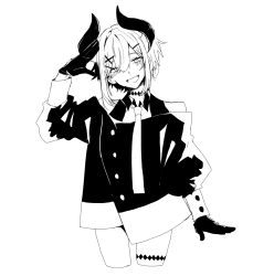 Rule 34 | 1girl, 598 (kokuya), blush, choker, cropped legs, curled horns, demon horns, fang, gloves, greyscale, hair between eyes, hair ornament, hairclip, highres, horns, jacket, levi elipha, looking at viewer, monochrome, necktie, nijisanji, open mouth, short hair, sidelocks, simple background, skin fang, solo, thigh strap, virtual youtuber