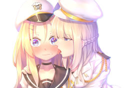Rule 34 | 2girls, absurdres, bad id, bad pixiv id, black choker, blonde hair, blue eyes, blue feathers, blush, braid, breasts, choker, closed mouth, collarbone, commentary request, feathers, fingernails, hair between eyes, hair ornament, hairclip, hand on another&#039;s shoulder, hat, hat feather, highres, jacket, lexington (warship girls r), licking, licking another&#039;s cheek, licking another&#039;s face, light brown hair, long hair, looking at viewer, medium breasts, meme, military hat, military jacket, multiple girls, nose blush, peaked cap, ray (pixiv9514208), saratoga (warship girls r), school uniform, serafuku, shirt, simple background, taste of a liar (meme), very long hair, warship girls r, white background, white hat, white jacket, white shirt, yuri