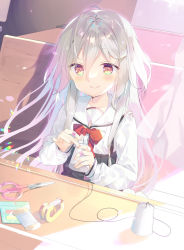 Rule 34 | 1girl, bandaid, blush, bow, closed mouth, commentary request, grey hair, hair between eyes, hair ornament, hairclip, long hair, long sleeves, nail polish, original, pink nails, puffy long sleeves, puffy sleeves, red bow, red eyes, sailor collar, scissors, shirt, sitting, sleeves past wrists, slit pupils, smile, solo, string phone, tape, very long hair, white sailor collar, white shirt, yuizaki kazuya