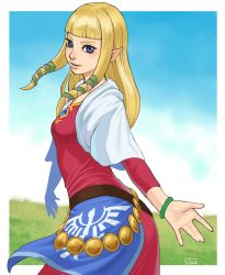 Rule 34 | 1girl, 5tatsu, absurdres, artist name, blonde hair, blue eyes, blue sky, blunt bangs, breasts, cowboy shot, dress, gold belt, grass, green ribbon, hair ribbon, highres, long dress, long hair, long sleeves, looking at viewer, medium breasts, nintendo, outdoors, outstretched arm, parted lips, pink dress, pointy ears, princess zelda, reaching, reaching towards viewer, ribbon, shawl, sidelocks, sky, smile, solo, the legend of zelda, the legend of zelda: skyward sword, white shawl