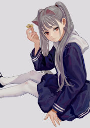 Rule 34 | 1girl, animal ears, artist name, black footwear, blue hoodie, blush, cat ears, feet out of frame, feiqizi (fkey), fkey, flower, grey background, hand up, highres, holding, holding flower, hood, hoodie, long hair, long sleeves, looking at viewer, mary janes, original, pantyhose, red eyes, shoes, signature, silver hair, simple background, sitting, solo, twintails, white pantyhose, yellow flower