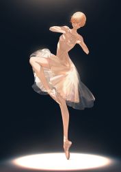Rule 34 | 1girl, athletic leotard, ballerina, ballet slippers, blonde hair, closed eyes, commentary, hands on own chest, highres, leotard, original, see-through, simple background, smile, solo, spotlight, standing, standing on one leg, tanjiu, tutu, white footwear
