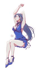 Rule 34 | 1girl, armpits, arms up, bare arms, bare legs, black hair, blue dress, blue footwear, breasts, cleavage, closed eyes, closed mouth, crescent, crescent earrings, crescent moon, dress, earrings, final fantasy, final fantasy vii, final fantasy vii remake, full body, gen (gala itazura), glint, gold earrings, hair behind ear, high heels, highres, jewelry, large breasts, long hair, moon, neck ribbon, official alternate costume, ribbon, simple background, single earring, sitting, sleeveless, sleeveless dress, solo, square enix, swept bangs, tifa lockhart, tifa lockhart (refined dress)