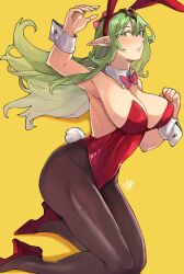 Rule 34 | 1girl, absurdres, alternate costume, animal ears, arm up, armpits, bow, bowtie, breasts, fake animal ears, fake tail, fire emblem, fire emblem awakening, green eyes, green hair, high heels, highres, large breasts, leotard, long hair, nintendo, pantyhose, parted, pink bow, playboy bunny, pointy, ponytail, rabbit ears, rabbit tail, red bow, red bowtie, red footwear, red leotard, sakuremi, solo, tail, teeth, tiara, tiki (adult) (fire emblem), tiki (fire emblem), watermark, wrist cuffs