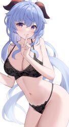 Rule 34 | 1girl, ahoge, black bra, black panties, blue hair, blush, bra, breasts, cleavage, commentary request, cowboy shot, dot nose, finger to mouth, ganyu (genshin impact), genshin impact, goat horns, hand up, highres, horns, index finger raised, lace, lace bra, lace panties, large breasts, long hair, looking at viewer, low ponytail, navel, nyuu (pixiv12143565), panties, purple eyes, sidelocks, smile, solo, stomach, underwear, underwear only, very long hair, white background