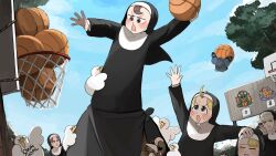 Rule 34 | 5girls, ball, basketball, basketball (object), basketball hoop, bird, blonde hair, blue eyes, body writing, brown eyes, brown hair, cheating (competitive), chicken, closed eyes, clumsy nun (diva), commentary, diva (hyxpk), duck, english commentary, grey hair, habit, highres, hungry nun (diva), little nuns (diva), multiple girls, nun, ostrich, pigeon, pumpkin, scoreboard, sheep nun (diva), spicy nun (diva), sweat, topknot, traditional nun, tree, triangle mouth