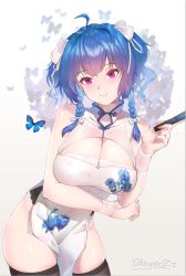 Rule 34 | ahoge, azur lane, black thighhighs, blue hair, bow, braid, breasts, bug, butterfly, china dress, chinese clothes, chinese commentary, cleavage, cleavage cutout, closed mouth, clothing cutout, commentary request, contrapposto, dress, folded fan, folding fan, hair bow, hand fan, holding, holding fan, insect, large breasts, leaning forward, medium hair, pelvic curtain, purple eyes, showerz, signature, simple background, skindentation, smile, st. louis (azur lane), st. louis (blue and white pottery) (azur lane), standing, thighhighs, thighs, twin braids, white bow, white dress