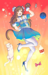 Rule 34 | 1girl, :o, animal ears, animal hands, blue choker, blue dress, blue footwear, bow, breasts, brown hair, cat, cat ears, cat tail, choker, detached sleeves, dress, finalcake, fish skeleton, full body, gloves, gradient background, high heels, highres, milk, original, pantyhose, paw gloves, paw pose, pink bow, second-party source, small breasts, solo, tail, white bow, white pantyhose, yarn, yarn ball, yellow eyes