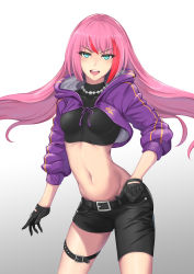 Rule 34 | 1girl, :d, asymmetrical shorts, belt, belt buckle, black belt, black gloves, black shorts, blue eyes, breasts, buckle, cardigan, cowboy shot, crop top, floating hair, gloves, gradient background, grey background, groin, highres, hood, hood down, hooded cardigan, long hair, long sleeves, looking at viewer, midriff, multicolored hair, navel, open cardigan, open clothes, open mouth, original, pink hair, purple cardigan, shorts, skin tight, small breasts, smile, solo, standing, stomach, streaked hair, thigh strap, v-shaped eyebrows, very long hair, white background, yuki7128