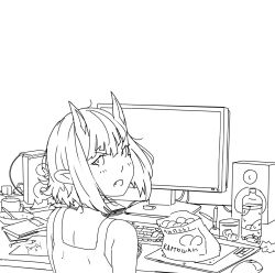 Rule 34 | 1girl, arsenixc, bad id, bad twitter id, blush, bottle, chips (food), cup, drawing tablet, fang, food, from behind, frown, greyscale, highres, horns, horny (arsenixc), keyboard (computer), lineart, looking back, monitor, monochrome, mouse (computer), open mouth, original, pencil, plate, pointy ears, shirt, short hair, sitting, sleeveless, sleeveless shirt, slit pupils, solo, speaker, stylus, table, template, wacom, water bottle, webcam