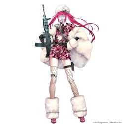 Rule 34 | 1boy, arm warmers, armor, belt, black gloves, boots, bow, bullpup, camouflage, coat, contrapposto, earrings, fishnet thighhighs, fishnets, full body, fur coat, fur hat, fur trim, gas mask, gloves, gun, hand on own hip, hat, high heels, highres, holding, holding gun, holding weapon, jewelry, kiyohara hiro, leg warmers, like two (senjuushi), long hair, male focus, mask, necktie, official art, pink footwear, pink hair, senjuushi: the thousand noble musketeers, senjuushi (series), shorts, shoulder armor, solo, standing, thigh strap, thighhighs, thighlet, thighs, trap, twintails, very long hair, weapon, weapon request, woodland camouflage