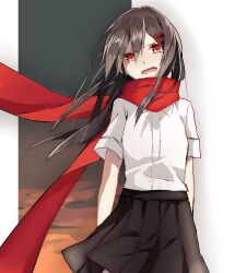 Rule 34 | 1girl, arms at sides, bad id, bad pixiv id, black hair, black skirt, cloud, collared shirt, commentary, cowboy shot, double-parted bangs, enpera, floating scarf, gradient background, grey sky, hair between eyes, hair ornament, hairclip, highres, kagerou project, long bangs, long scarf, looking at viewer, mahyack, open mouth, orange sky, overcast, pleated skirt, red eyes, red scarf, scarf, school uniform, shirt, short sleeves, skirt, sky, solo, summer uniform, sunset, tateyama ayano, tears, wavy mouth, white background, white shirt