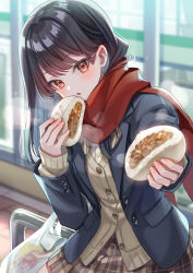 Rule 34 | 1girl, absurdres, bag, baozi, black hair, black jacket, blue hair, blush, brown cardigan, brown eyes, cardigan, colored inner hair, commentary request, convenience store, eating, food, grey skirt, grocery bag, highres, holding, holding food, jacket, leaning, long hair, looking at viewer, multicolored hair, original, plaid, plaid skirt, pleated skirt, scarf, school uniform, shirt, shop, shopping bag, skirt, solo, steam, suzaku (zaku6584), two-tone hair, white shirt, window