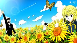 Rule 34 | 4boys, arms up, black necktie, black suit, blonde hair, blue sky, bug, butterfly, cloud, commentary request, field, flower, flower field, formal, gon freecss, highres, hunter x hunter, insect, killua zoldyck, kurapika, lens flare, leorio paladiknight, male focus, multiple boys, necktie, open mouth, ruto830, signature, sky, smile, suit, sunflower, sunflower field, sunglasses, tank top, white hair, white tank top