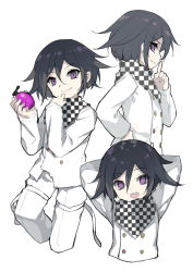 Rule 34 | 10s, 1boy, arms behind head, buttons, danganronpa (series), danganronpa v3: killing harmony, double-breasted, explosive, finger to mouth, grenade, index finger raised, looking at viewer, male focus, multiple views, oma kokichi, purple eyes, purple hair, saru, scarf, short hair, simple background, smile, sparkling eyes, straitjacket, strap, white background