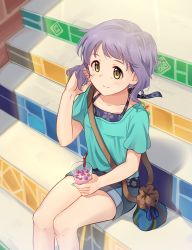 Rule 34 | 10s, 1girl, absurdres, aqua nails, blush, closed mouth, collarbone, cup, denim, denim shorts, drinking glass, drinking straw, highres, holding, holding cup, holding drinking glass, idolmaster, idolmaster million live!, kamille (vcx68), looking away, makabe mizuki, nail polish, purple hair, short hair, shorts, sitting, smile, solo, yellow eyes