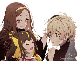 Rule 34 | 1girl, 2boys, ^ ^, artist name, black gloves, blonde hair, blush, brown eyes, brown hair, chacha (fate), child, closed eyes, closed mouth, commentary request, fate/grand order, fate (series), gloves, green eyes, grey hair, hair tie, hairband, hand on another&#039;s head, head rub, ishida mitsunari (fate), japanese clothes, long hair, long sleeves, looking at another, meiji ken, mother and son, multicolored hair, multiple boys, no headwear, open mouth, parted bangs, parted lips, short hair, shusha (fate), sidelocks, simple background, smile, turtleneck, two-tone hair, upper body, very long hair, white background, wide sleeves, yellow hairband