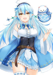 Rule 34 | 1girl, :d, ahoge, bare shoulders, belt, beret, blue bow, blue bowtie, blue coat, blue hair, blush, bow, bowtie, breasts, center frills, cleavage, cleavage cutout, clothing cutout, coat, colored inner hair, daifuku (yukihana lamy), divergenceok, elf, fang, flower, frilled skirt, frills, fur-trimmed coat, fur trim, hair between eyes, hair flower, hair ornament, half updo, hat, heart, heart ahoge, highres, hololive, long hair, looking at viewer, medium breasts, miniskirt, multicolored hair, nail polish, open mouth, pleated skirt, pointy ears, simple background, skirt, smile, solo, streaked hair, underbust, virtual youtuber, white background, wide sleeves, yellow eyes, yukihana lamy