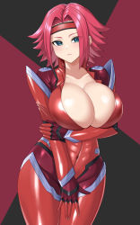 Rule 34 | 1girl, blue eyes, bodysuit, breasts, cleavage, code geass, covering privates, covering crotch, headband, hi rontea, kouzuki kallen, large breasts, looking at viewer, medium hair, red hair, shiny skin, solo, standing