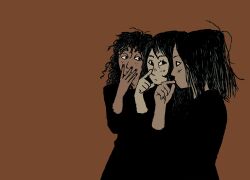 Rule 34 | 3girls, black dress, black hair, blending, brown background, dress, hand on own face, hand to own mouth, highres, kumerish, looking at viewer, looking to the side, multiple girls, original, simple background, standing, three monkeys, upper body