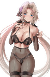 Rule 34 | 1girl, absurdres, alternate costume, arm up, azur lane, bare shoulders, black bra, black choker, black panties, black pantyhose, blonde hair, blue eyes, blush, bra, breasts, buko (bukosuki), choker, cleavage, closed mouth, collarbone, covered navel, elbow gloves, feet out of frame, fishnet gloves, fishnets, flower, gloves, hair flower, hair ornament, hair ribbon, hand on own chest, high-waist pantyhose, highres, kronshtadt (azur lane), large breasts, long hair, looking at viewer, low twintails, mole, mole on breast, nail polish, panties, panties under pantyhose, pantyhose, partially fingerless gloves, pink nails, ribbon, smile, solo, standing, twintails, underwear, very long hair, white background