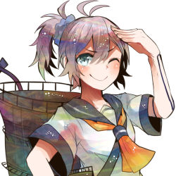Rule 34 | 10s, 1girl, antenna hair, aoba (kancolle), arm up, ascot, blouse, blue eyes, blush, closed mouth, collarbone, eyebrows, hair between eyes, hair ornament, hair scrunchie, itomugi-kun, kantai collection, looking at viewer, multicolored eyes, neckerchief, one eye closed, ponytail, purple hair, salute, school uniform, scrunchie, serafuku, shirt, short hair, short sleeves, simple background, smile, solo, star (symbol), upper body, white background