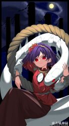 Rule 34 | 1girl, animal, brown skirt, closed mouth, full body, hair ornament, highres, keiki8296, layered sleeves, leaf, leaf hair ornament, light smile, long sleeves, maple leaf, mirror, mountain of faith, night, onbashira, purple hair, red eyes, red shirt, rope, shimenawa, shirt, short hair, short over long sleeves, short sleeves, skirt, snake, solo, touhou, white snake, yasaka kanako