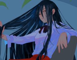 Rule 34 | 1girl, black hair, blouse, blue background, blue eyes, bow, chair, closed mouth, eyes visible through hair, fingernails, hair between eyes, long hair, original, plant, red bow, red neckwear, shirt, shirt tucked in, simple background, sitting, solo, very long hair, white shirt, yao (kiwi hiu)