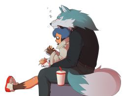 Rule 34 | 1boy, 1girl, absurdres, animal ears, brand new animal, burger, cup, eating, food, furry, furry female, furry male, green eyes, highres, holding, holding food, kagemori michiru, ogami shirou, pudgeruffian, raccoon ears, raccoon girl, shoes, simple background, sitting, sleeping, tail, white background, wolf boy, wolf ears, wolf tail, zzz