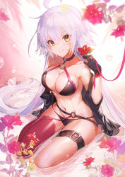 Rule 34 | 1girl, ahoge, apple caramel, bare shoulders, bikini, black bikini, black gloves, black jacket, blurry, breasts, brown eyes, bubble, cleavage, closed mouth, collarbone, depth of field, fate/grand order, fate (series), flower, full body, gloves, groin, hair between eyes, halterneck, hand up, highres, holding, jacket, jeanne d&#039;arc alter (swimsuit berserker) (fate), jeanne d&#039;arc (fate), jeanne d&#039;arc alter (fate), jeanne d&#039;arc alter (swimsuit berserker) (fate), large breasts, leg belt, long hair, looking at viewer, navel, no shoes, off shoulder, open clothes, open jacket, red flower, red thighhighs, shallow water, silver hair, single thighhigh, sitting, smile, solo, swimsuit, thigh strap, thighhighs, thighs, v-shaped eyebrows, very long hair, water