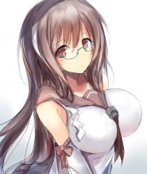 Rule 34 | 10s, 1girl, aged up, aqua-framed glasses, bespectacled, blush, breasts, brown eyes, brown hair, glasses, gradient background, grey background, hairband, highres, kantai collection, large breasts, long hair, looking at viewer, nao (qqqbb), natori (kancolle), school uniform, semi-rimless eyewear, serafuku, sketch, solo, under-rim eyewear, very long hair, white background