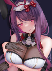 Rule 34 | 1girl, :q, absurdres, animal ears, arm under breasts, bare shoulders, black gloves, blush, breasts, closed mouth, fake animal ears, gloves, gundou mirei, gundou mirei (8th costume), hair ornament, half gloves, hand on own chest, head tilt, highres, large breasts, leotard, long hair, looking at viewer, nijisanji, playboy bunny, purple eyes, purple hair, rabbit ears, rai (newtype xm-x1), sidelocks, simple background, smile, solo, tongue, tongue out, virtual youtuber