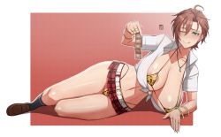 Rule 34 | 1girl, animal print, areola slip, arm support, belt, bikini, blush, bracelet, breasts, brown hair, cleavage, condom, green eyes, handplug, highres, holding, holding condom, huge breasts, idolmaster, idolmaster cinderella girls, jewelry, kiba manami, leopard print, looking at viewer, lying, microskirt, necklace, on side, one eye closed, ring, school uniform, shirt, short hair, simple background, skirt, smile, solo, swimsuit, thong bikini, tied shirt, tongue, tongue out
